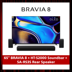 BRAVIA 8 | 65 Inch | XR Processor | OLED | 4K Ultra HD | High Dynamic Range (HDR) | Smart TV (Google TV) + HTS2000 Soundbar + SA-RS3S Wireless Rear Speaker Bundle